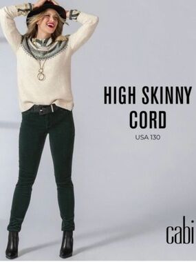 CAbi High Skinny Cord Dark Forest Green Corduroy Pants, size 10